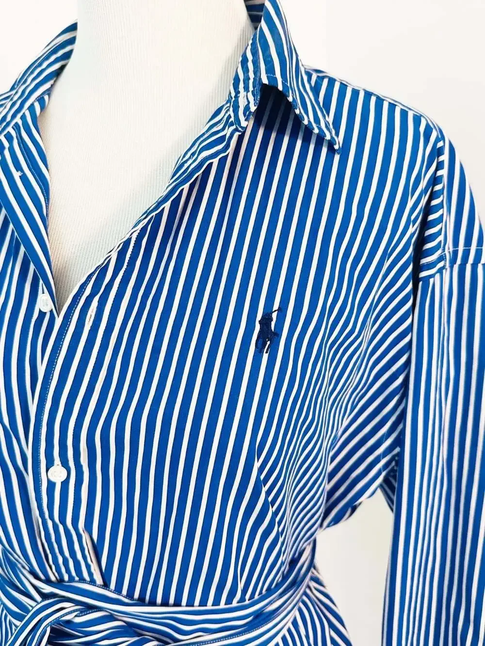 POLO RALPH LAUREN Belted Striped Shirt Dress Sz 12 Blue/White Long Sleeve Button